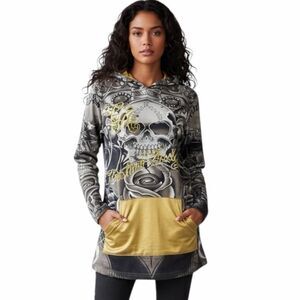 VINTAGE CHRISTIAN AUDIGIER x ED HARDY Women’s Black Gold Skull Graphic Hoodie Sm